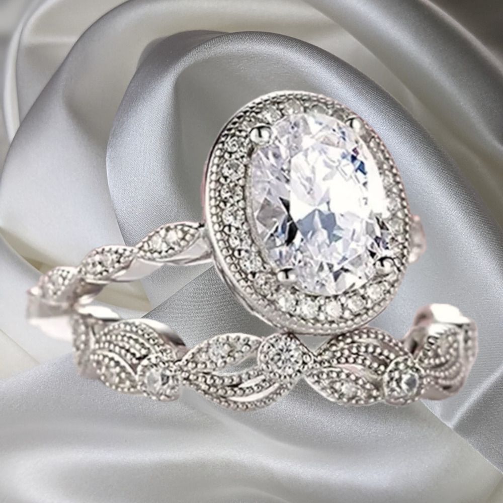 Platinum Plated 925 6mm x 8mm Oval Moissanite Classic Elizabethan Wedding Set